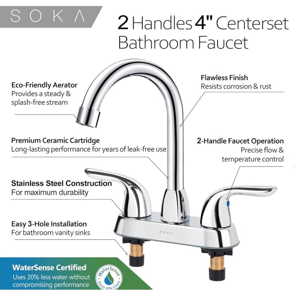 Soka Chrome Bathroom Sink Faucet Two Handle Goose Neck Assembly Brand New In Box - Picture 9 of 15